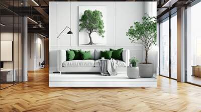 Mockup of a classic living area with a grey sofa and green throw pillows, an olive tree in a wicker basket, and a floor lamp against a white wall. Generative AI Wall mural