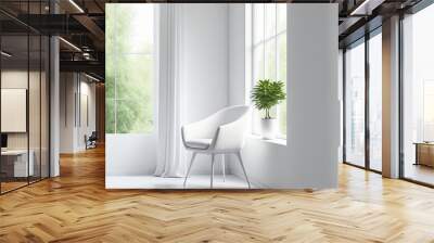 Model of a chic, white room with a chair and a view of a green environment. Scandinavian style in decorating. Generative AI Wall mural