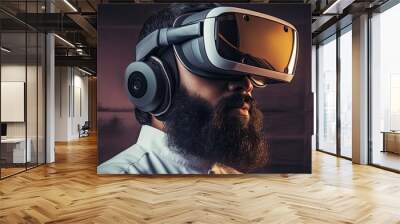 Modern design VR goggles being used by a bearded Arab man. Wall mural