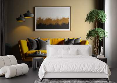 Modern furniture in the living area, including a vibrant mustard yellow sofa. Walls with a taupe accent color and a gray beige tone. An interior room mockup. Generative AI Wall mural