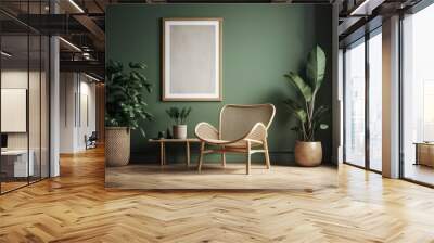 Modern green wall with empty vertical picture frame. Scandi boho interior mockup. Free photo copying. Plants, rattan chair. Generative AI Wall mural