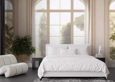 Modern luxury interior background with panoramic windows and nature view, plants, classic panels wall mock up. Beige design living room with large white classic windows. 3d rendering illustration. Wall mural