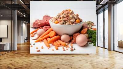 Natural Dog paws and raw organic dog food on a white backdrop. Canine BARF diet. eggs, vegetables, and raw meat. Generative AI Wall mural