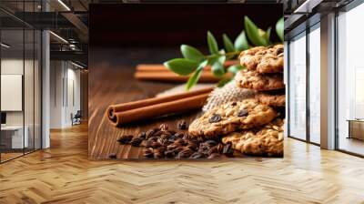 Oatmeal cookies with seeds on a wooden table. Wall mural