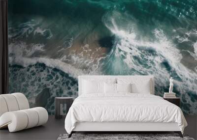 Ocean waves seen from above, splashing. Sea water that is clear and waves. Generative AI Wall mural