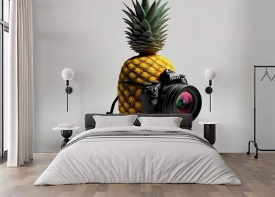 On a white background, a cute pineapple shaped figure from a hipster cartoon is stabilized by a tripod for a DSLR or video camera.. Generative AI Wall mural