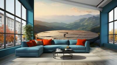 Outdoor rock table top with mountain landscape at sunrise showcasing organic beauty Wall mural