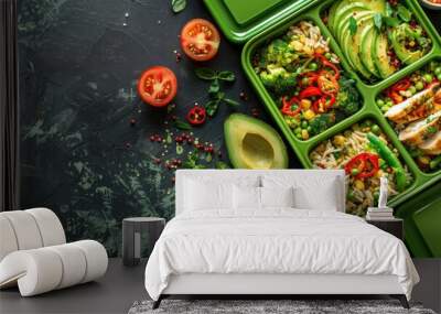 Overhead shot of green meal prep containers with healthy ingredients including chicken rice avocado and vegetables with empty space for text Wall mural