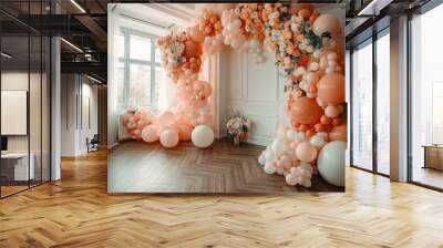 Party balloons adorn room. peach and white decor. wedding decorations. pre wedding. wedding venue. Generative AI Wall mural