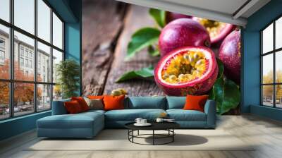 Passion fruit placed on a wooden table Wall mural