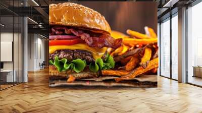 Perfect burger meal with angus steak burger, cheddar cheese, bacon, tomato, lettuce, onion, and sweet potato fries on the side. Wall mural