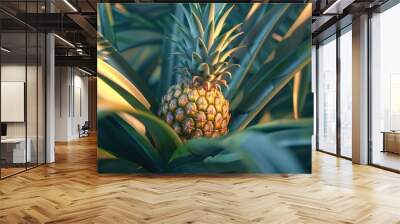 Pineapple growing on a pineapple plant with its distinctive crown Wall mural