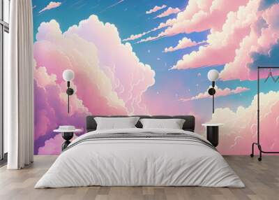 Pink and white cloud detail in the sky. Pink sugar clouds for decoration. Heaven in the summer with a vibrant sky. Beautiful scenery, good weather, and a fantasy pastel backdrop. Space artwork Wall mural