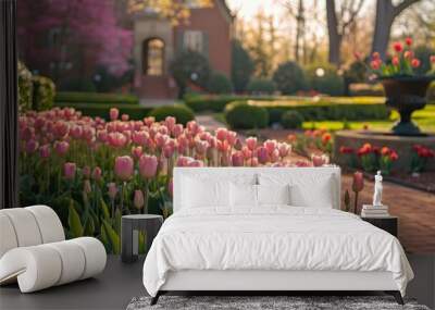 Pink Tulips in the Rose Garden at Hillwood Mansion Museum Wall mural