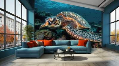 Postcard from underwater beauty. Sea turtle from the Maldives floating above coral reef. Loggerhead in its natural environment. Generative AI Wall mural