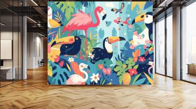 Printable worksheet for kids featuring adorable tropical jungle animals like toucans and flamingos designed as a fun and engaging jigsaw puzzle in a charming cartoon style Wall mural