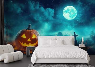 Pumpkin Decoration in Eerie Graveyard under Night Sky with Moon Wall mural