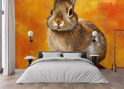 rabbit on pumpkin with orange background Wall mural