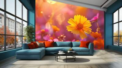 Radiant burst of yellow amidst delicate pink petals exudes warmth and joy Wall mural