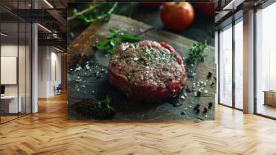 Raw beef steak seasoned with salt pepper and fresh herbs in a rustic kitchen Wall mural