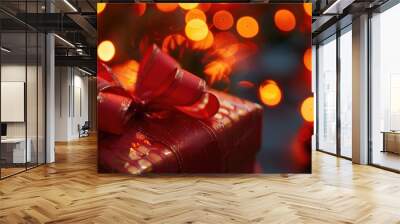 Red decorative ribbon on gift box with illuminated backdrop Wall mural