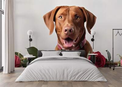 Red haired vizsla dog with a rose gift for Valentine s Day on a white background Wall mural