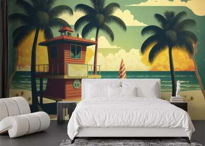 Retro Miami Beach Poster. Beach, palms, the coast, the water, and the lifeguard station. Vintage illustration. Generative AI Wall mural