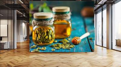 Rustic style jars of pumpkin seeds and honey on blue wooden table Wall mural