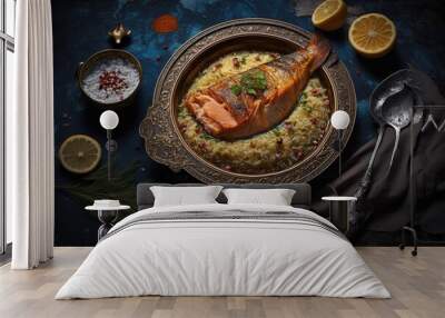 Salmon from Ramadan served during iftar. Generative AI Wall mural