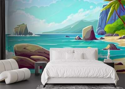 Sea beach top view background, tropical ocean coastline with palm trees and rocks in blue clean water. Sandy shore scenery nature landscape, travel destination, paradise Cartoon 2d illustrated Wall mural