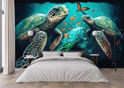 Sea turtles eating trash bags a visual metaphor for ocean pollution. Generative AI Wall mural