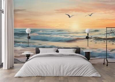 Seashore scene at sunset with seagulls, pastel colors, and Baltic Sea. Wall mural