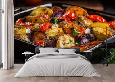 Seasonal vegan meal with rustic oven baked vegetables in a black dish on a gray stone background including potatoes tomatoes and peppers Wall mural