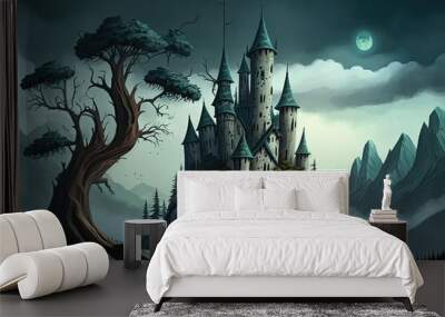 Setting for a frightening fairy tale; a foreboding gothic castle in a desolate valley surrounded by trees; a foreboding gray area in a foreboding mountain range. Generative AI Wall mural