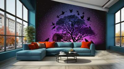 Silhouetted Black Purple Night Gradient Star studded birds and a dark, black tree. Generative AI Wall mural