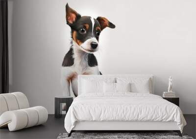 Small white background with a smiling Rat terrier puppy dog sitting there. Generative AI Wall mural