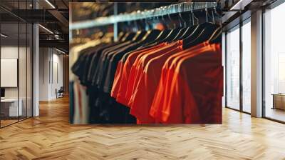 Soccer training sportswear t shirts displayed on black hangers in a sports apparel store Wall mural