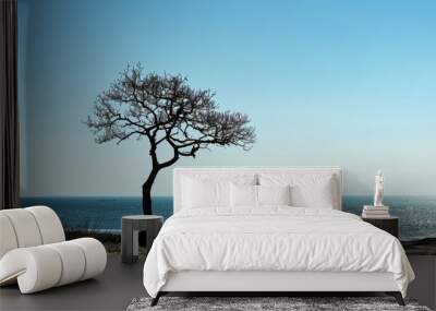 Solitary tree standing against the backdrop of the ocean with room for text Wall mural