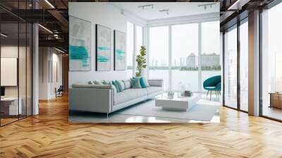 South Florida April 2020 Modern living area with wide views of the bay and city. Bright minimalist white interior with designer sofas and floor to ceiling glass windows. Generative AI Wall mural