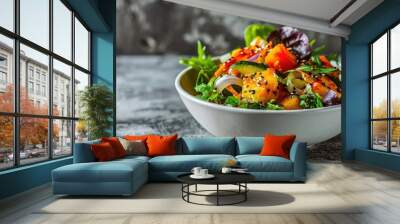 Spicy Korean salad in white bowl by concrete wall. Wall mural