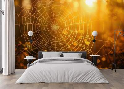 Spider web reflecting the sunlight Wall mural