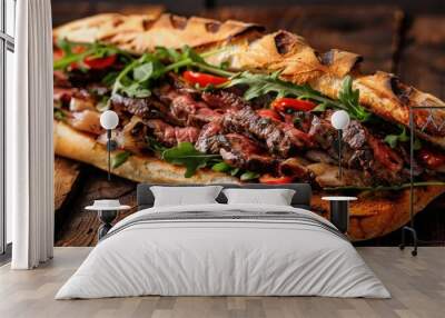 Steak ciabatta sandwich on wooden surface viewed from the side Wall mural