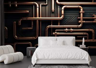 Steampunk copper pipe maze on black wall Wall mural