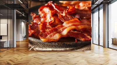 Stoneware plate with bacon slices on a towel, alongside bacon crumbles. Wall mural