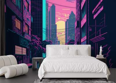 Street in a cyberpunk city. space wallpaper Scene of a futuristic city in pixel art fashion. 1980s wall decor. Future era retro illustration. urban setting. Generative AI Wall mural