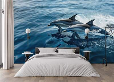 Striped dolphins frolicking in the vibrant blue ocean Wall mural