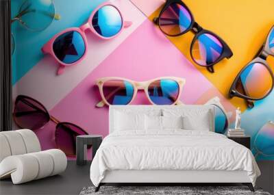 Stylish summer fashion accessories photo poster with various sunglasses on colorful background Wall mural