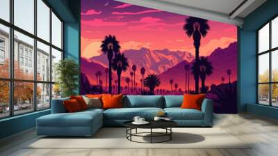 Sunset in Palm Springs with a Matte Violet Color Grading Panorama. Background of palm trees and mountains. Location Coachella Valley in California, U.S.A. Generative AI Wall mural