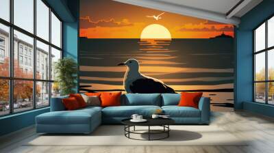 Sunset sea horizon with a seagull silhouette. Generative AI Wall mural