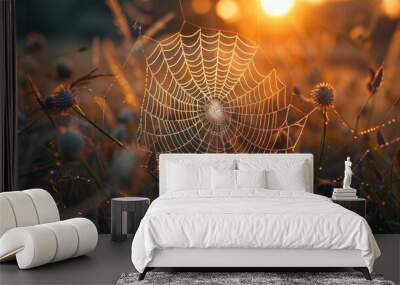 Sunset spider web on dry grass Wall mural